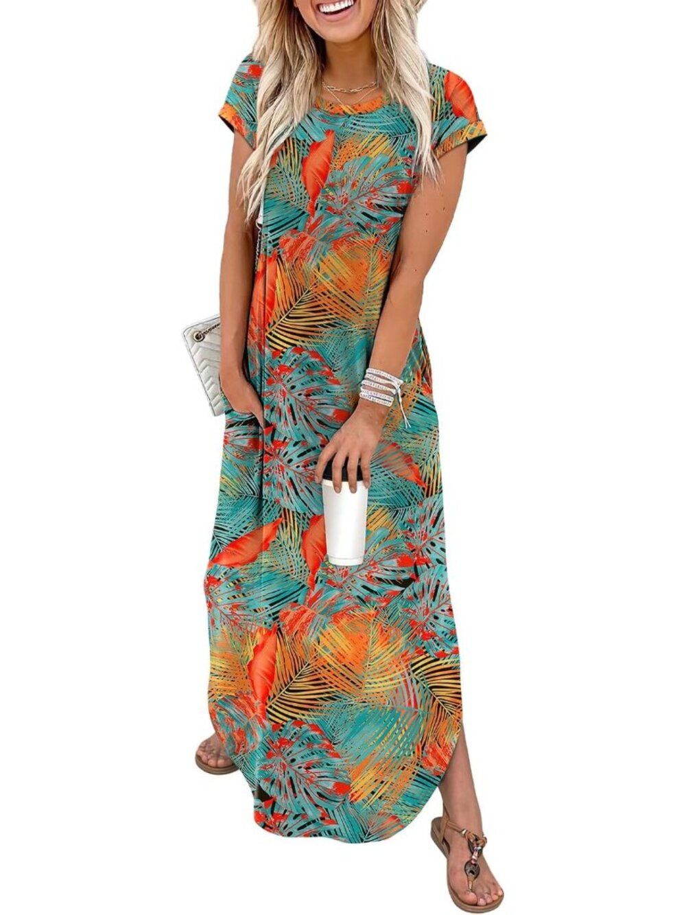 〽️Women’s Blue Orange Floral Maxi Dress Crewneck Cap Sleeve Pockets Casual